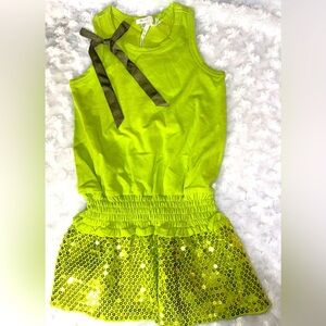 Microbe Italian Brand Girls Sleeveless Ruched Waist Green Sequin Dress